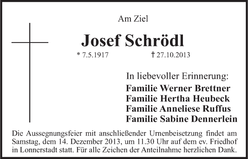  Traueranzeige für Josef Schrödl vom 30.11.2013 aus MGO