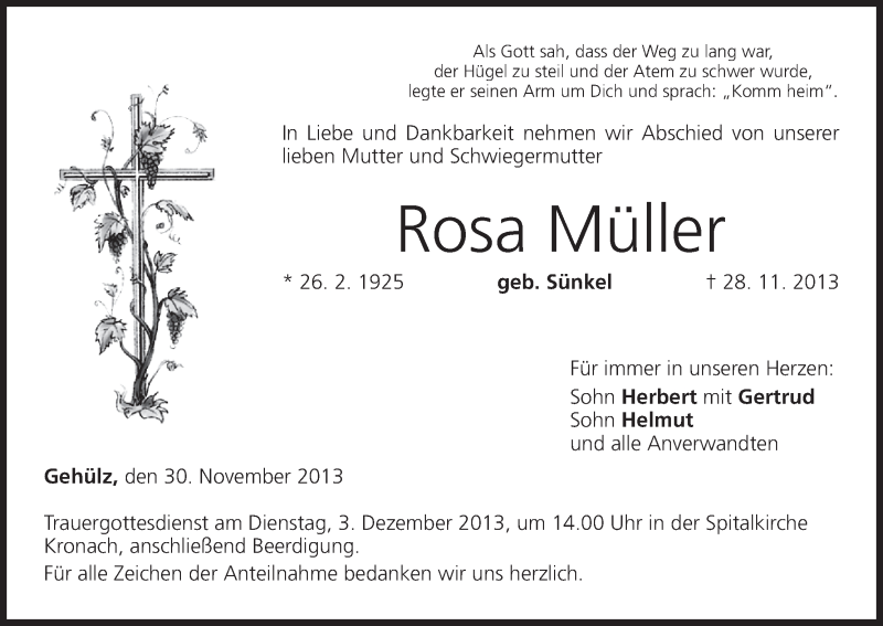  Traueranzeige für Rosa Müller vom 30.11.2013 aus MGO