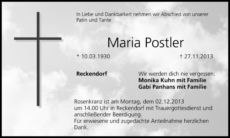  Traueranzeige für Maria Postler vom 30.11.2013 aus MGO