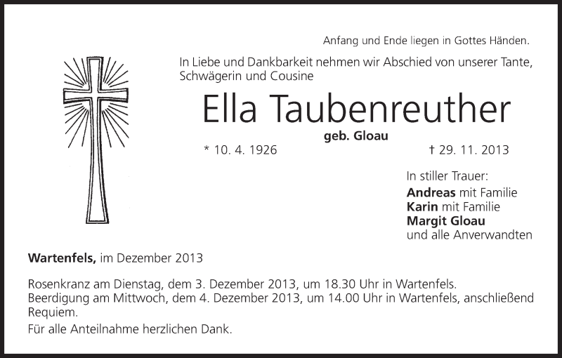  Traueranzeige für Ella Taubenreuther vom 02.12.2013 aus MGO