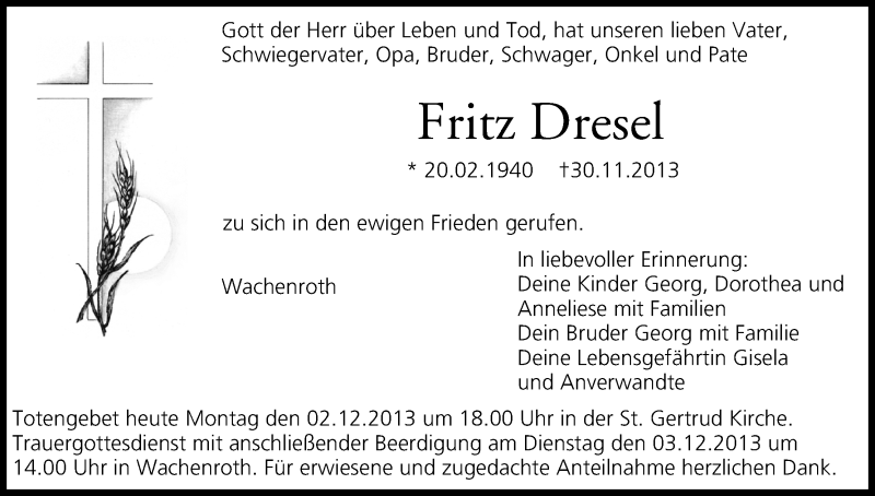  Traueranzeige für Fritz Dresel vom 02.12.2013 aus MGO