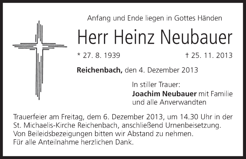  Traueranzeige für Heinz Neubauer vom 04.12.2013 aus MGO