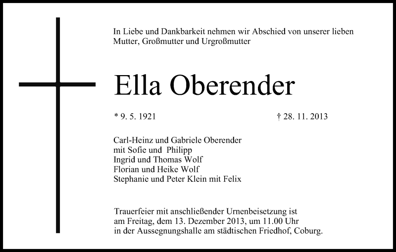  Traueranzeige für Ella Oberender vom 10.12.2013 aus MGO
