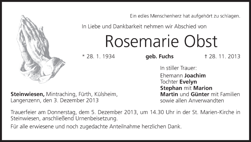  Traueranzeige für Rosemarie Obst vom 03.12.2013 aus MGO