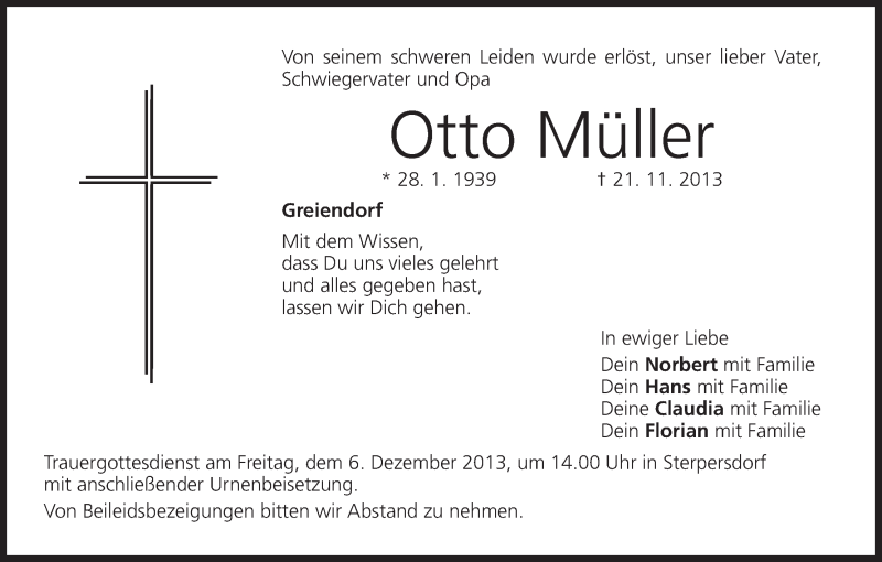  Traueranzeige für Otto Müller vom 04.12.2013 aus MGO