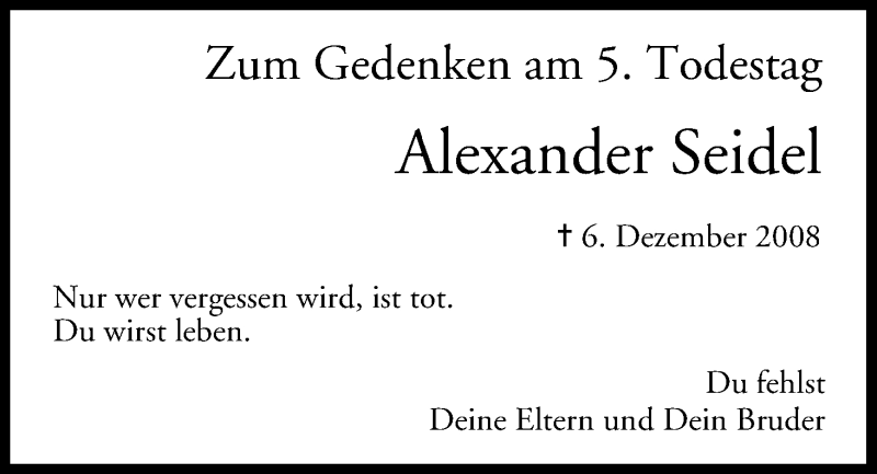  Traueranzeige für Alexander Seidel vom 06.12.2013 aus MGO