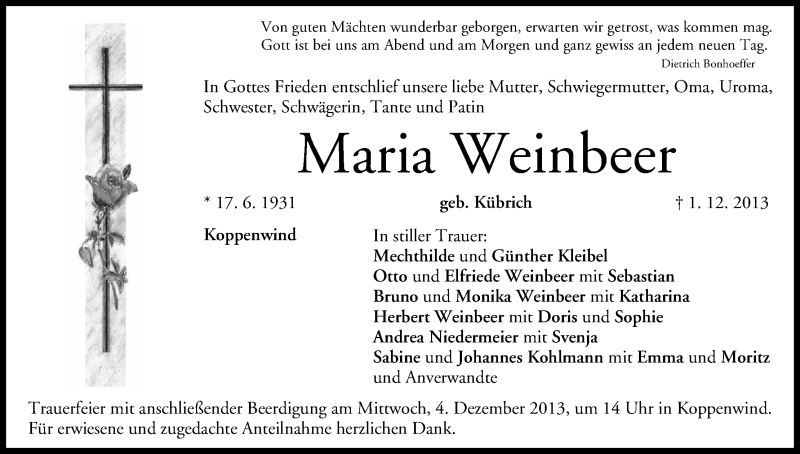  Traueranzeige für Maria Weinbeer vom 03.12.2013 aus MGO