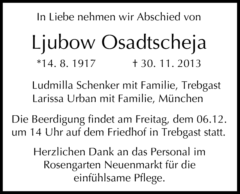 Traueranzeige für Ljubow Osadtscheja vom 05.12.2013 aus MGO