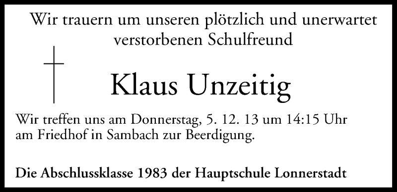 Traueranzeige für Klaus Unzeitig vom 03.12.2013 aus MGO