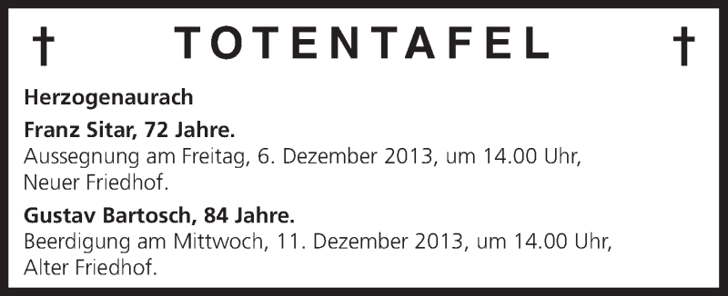  Traueranzeige für Totentafel vom 05.12.2013 vom 05.12.2013 aus MGO