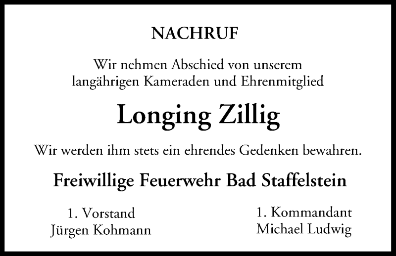  Traueranzeige für Longing Zillig vom 04.12.2013 aus MGO