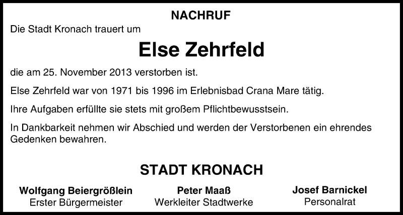  Traueranzeige für Else Zehrfeld vom 04.12.2013 aus MGO