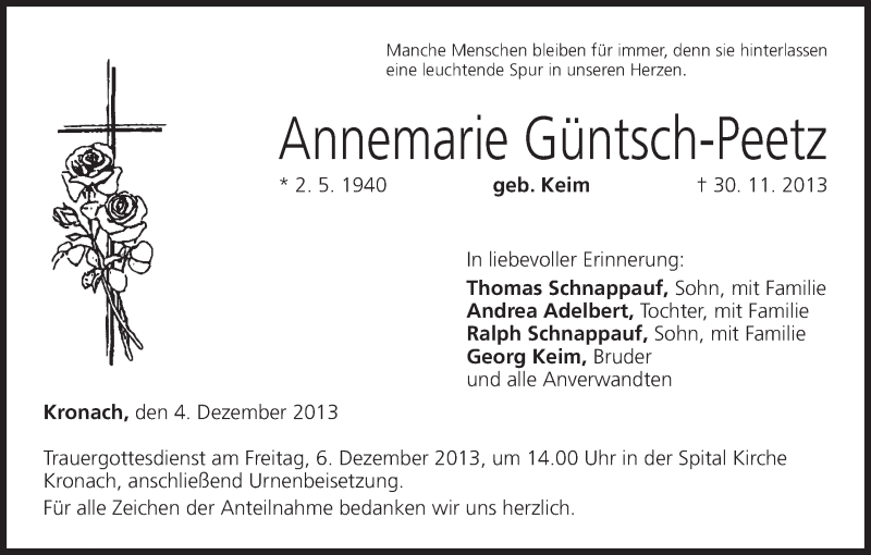  Traueranzeige für Annemarie Güntsch-Peetz vom 04.12.2013 aus MGO