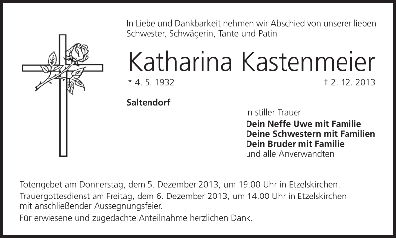 Traueranzeige für Katharina Kastenmeier vom 04.12.2013 aus MGO