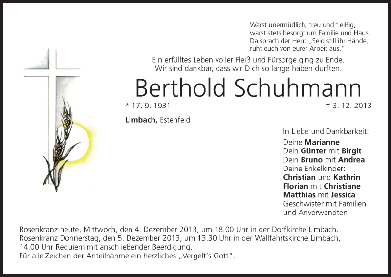  Traueranzeige für Berthold Schuhmann vom 04.12.2013 aus MGO