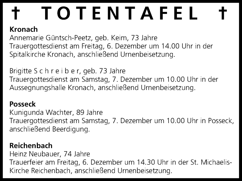  Traueranzeige für Totentafel vom 05.12.2013 vom 05.12.2013 aus MGO