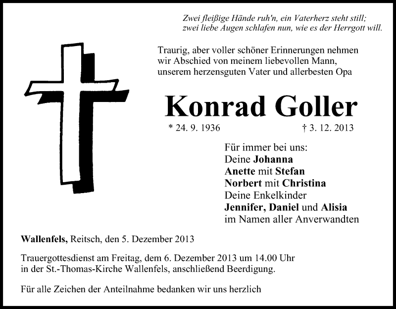  Traueranzeige für Konrad Goller vom 05.12.2013 aus MGO