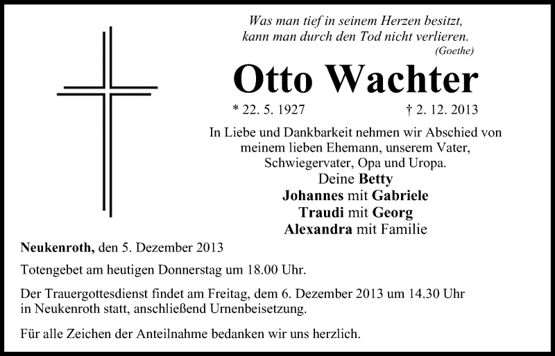  Traueranzeige für Otto Wachter vom 05.12.2013 aus MGO