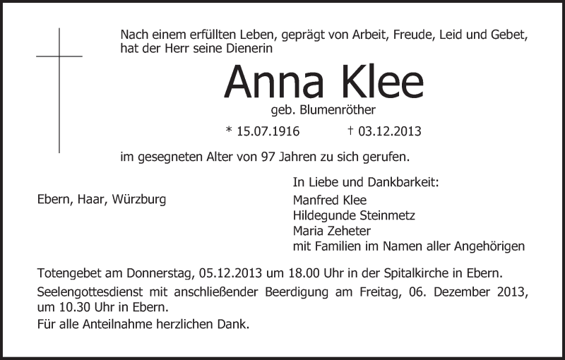  Traueranzeige für Anna Klee vom 05.12.2013 aus MGO