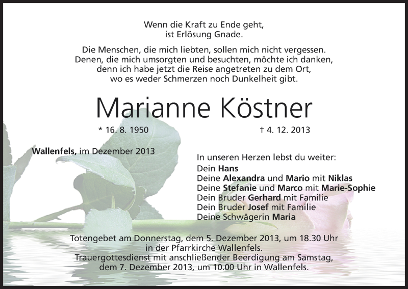  Traueranzeige für Marianne Köstner vom 05.12.2013 aus MGO