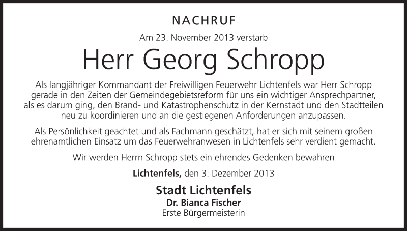  Traueranzeige für Georg Schropp vom 05.12.2013 aus MGO