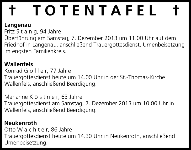  Traueranzeige für Totentafel vom 06.12.2013 vom 06.12.2013 aus MGO