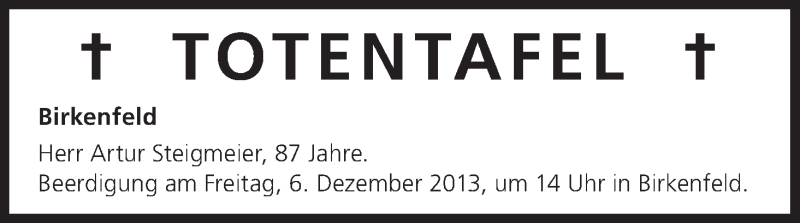  Traueranzeige für Totentafel vom 06.12.2013 vom 06.12.2013 aus MGO