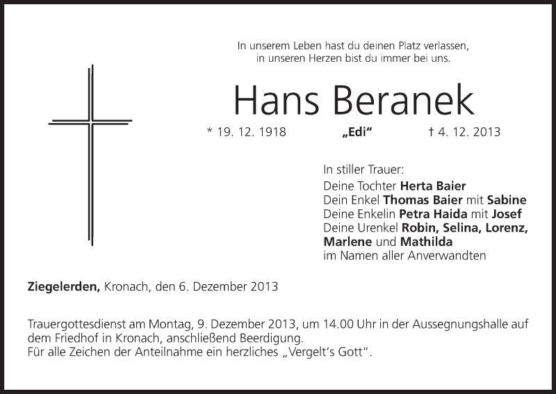  Traueranzeige für Hans Beranek vom 06.12.2013 aus MGO