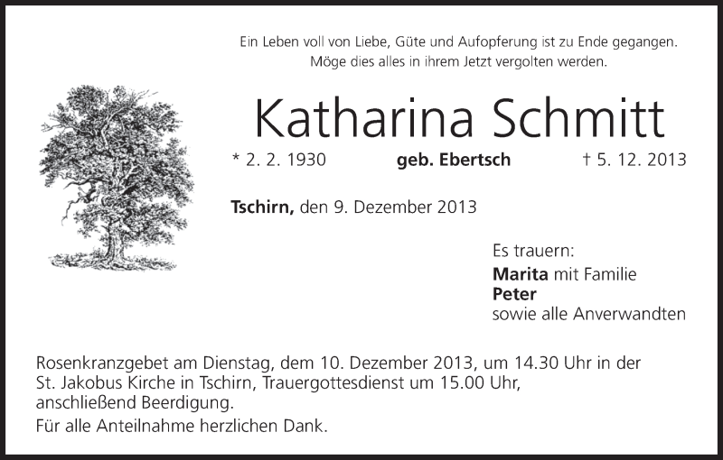  Traueranzeige für Katharina Schmitt vom 09.12.2013 aus MGO