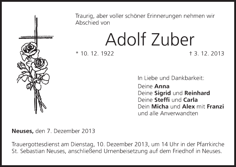  Traueranzeige für Adolf Zuber vom 07.12.2013 aus MGO