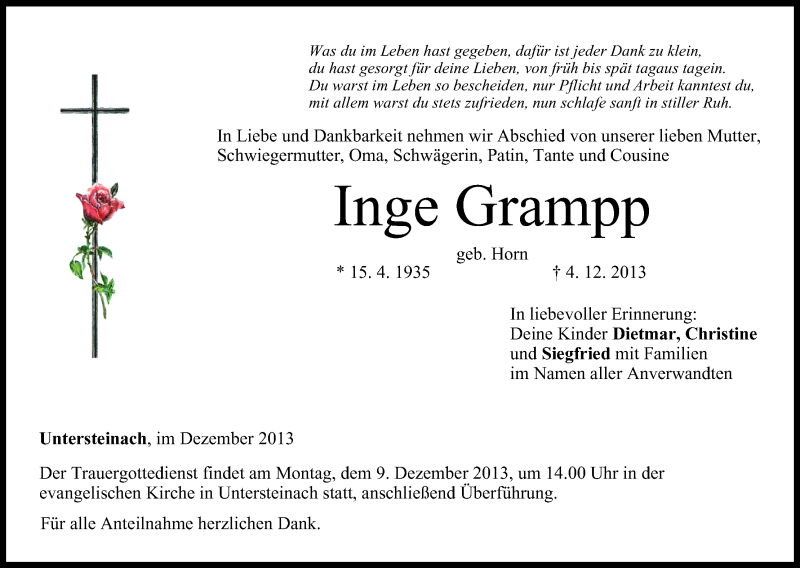  Traueranzeige für Inge Grampp vom 07.12.2013 aus MGO