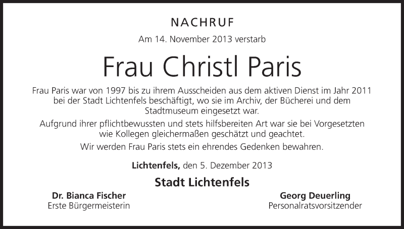  Traueranzeige für Christl Paris vom 07.12.2013 aus MGO