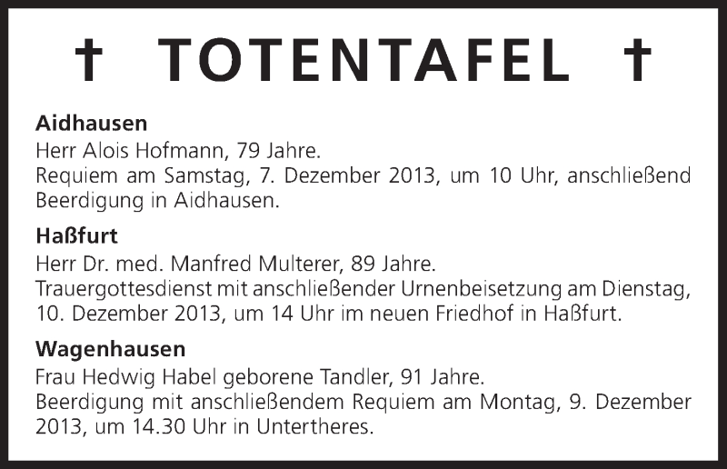  Traueranzeige für Totentafel vom 07.12.2013 vom 07.12.2013 aus MGO