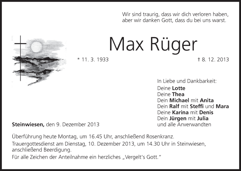  Traueranzeige für Max Rüger vom 09.12.2013 aus MGO