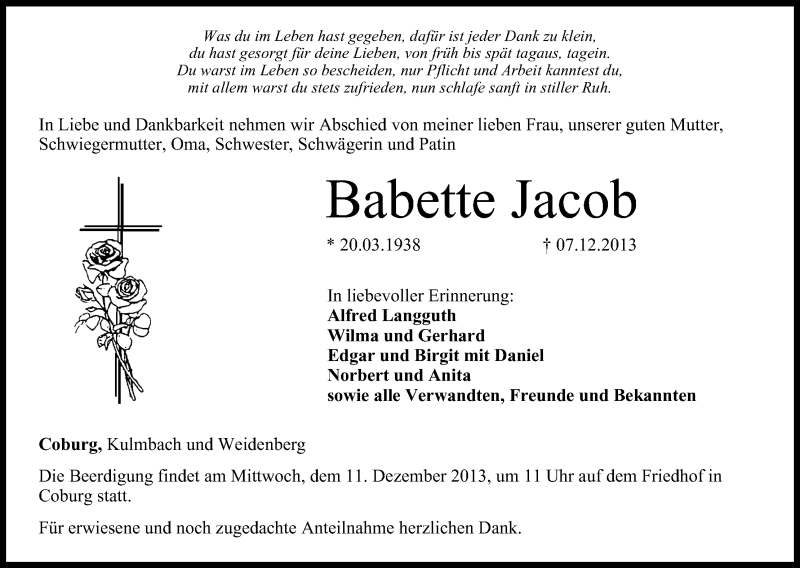  Traueranzeige für Babette Jacob vom 10.12.2013 aus MGO