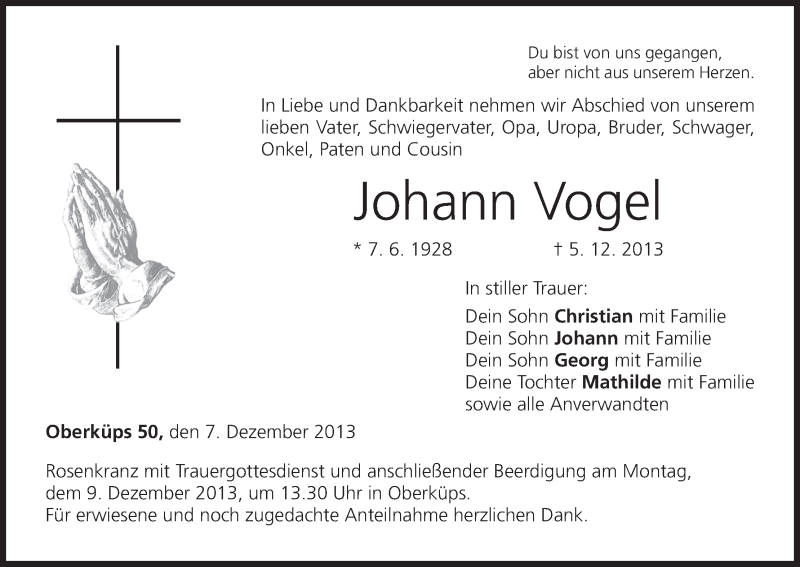  Traueranzeige für Johann Vogel vom 07.12.2013 aus MGO