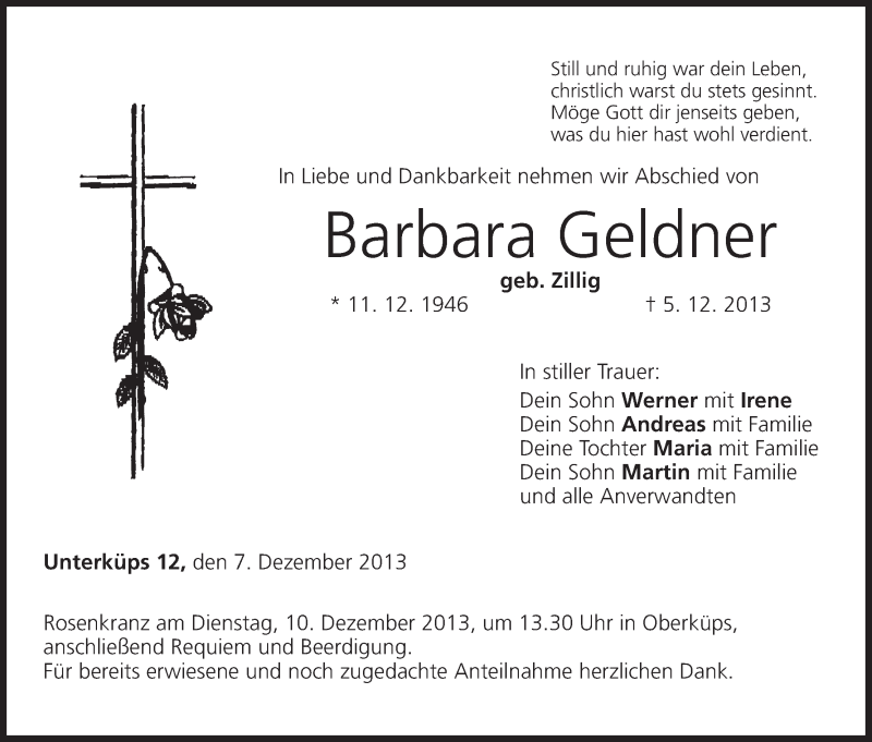  Traueranzeige für Barbara Geldner vom 07.12.2013 aus MGO