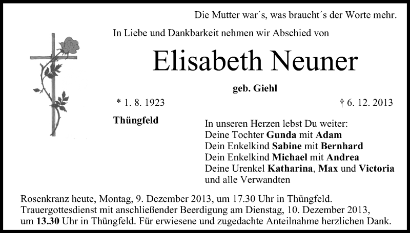  Traueranzeige für Elisabeth Neuner vom 09.12.2013 aus MGO