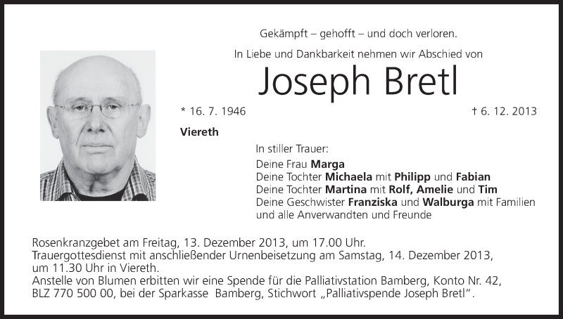 Traueranzeige für Joseph Bretl vom 10.12.2013 aus MGO