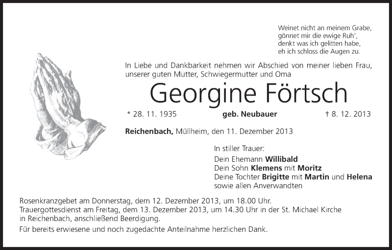  Traueranzeige für Georgine Förtsch vom 11.12.2013 aus MGO