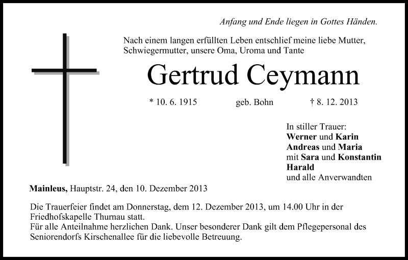  Traueranzeige für Gertrud Ceymann vom 10.12.2013 aus MGO
