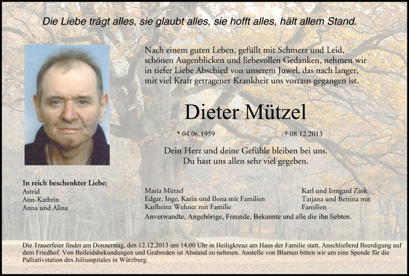  Traueranzeige für Dieter Mützel vom 10.12.2013 aus MGO