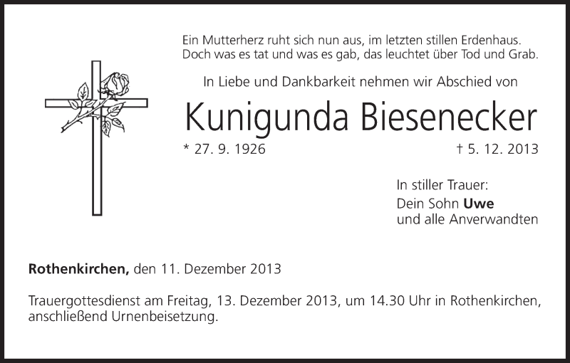  Traueranzeige für Kunigunda Biesenecker vom 11.12.2013 aus MGO