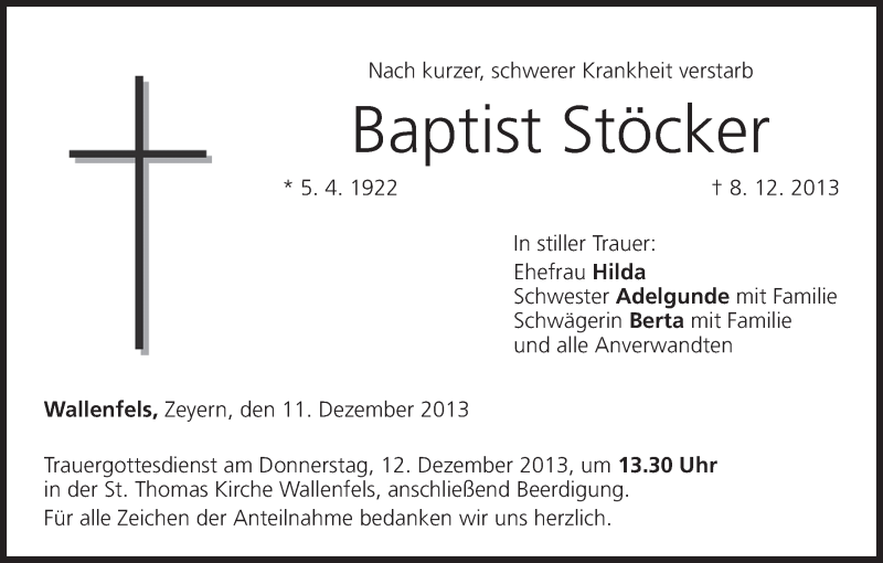  Traueranzeige für Baptist Stöcker vom 11.12.2013 aus MGO