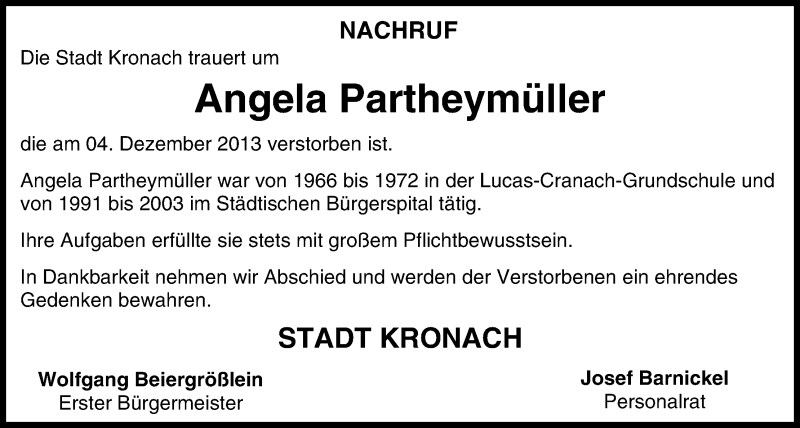 Traueranzeige für Angela Partheymüller vom 11.12.2013 aus MGO