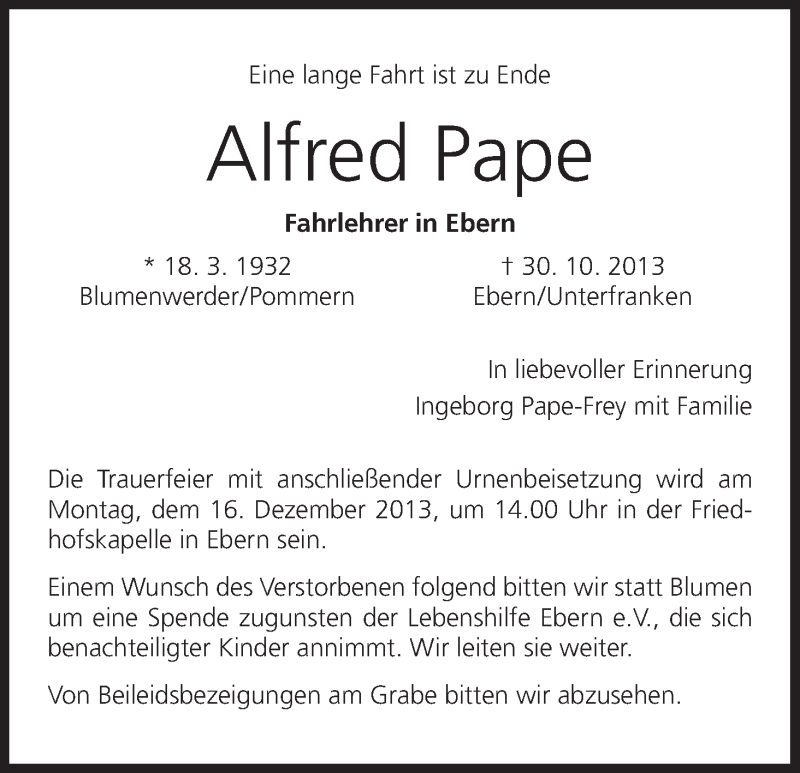 Traueranzeige für Alfred Pape vom 14.12.2013 aus MGO