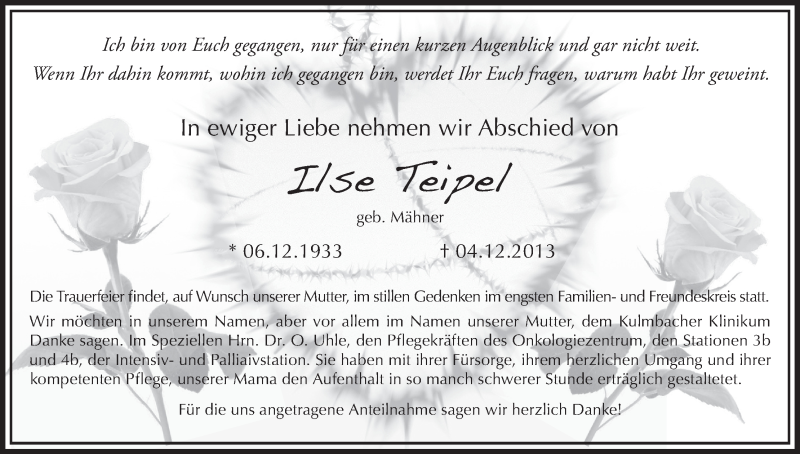  Traueranzeige für Ilse Teipel vom 12.12.2013 aus MGO