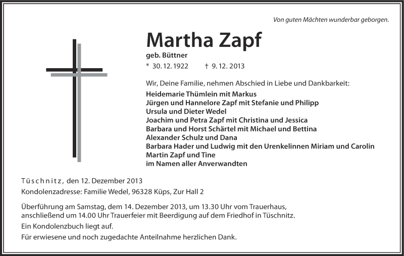  Traueranzeige für Martha Zapf vom 12.12.2013 aus MGO