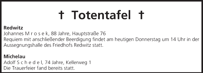  Traueranzeige für Totentafel vom 12.12.2013 vom 12.12.2013 aus MGO