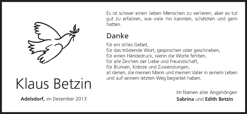  Traueranzeige für Klaus Betzin vom 14.12.2013 aus MGO